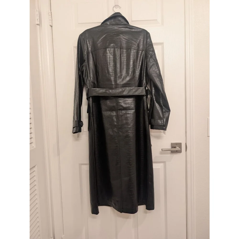 NEW Jason Wu Black Croc Embossed Faux Leather Long Trench Coat M Edgy Jacket